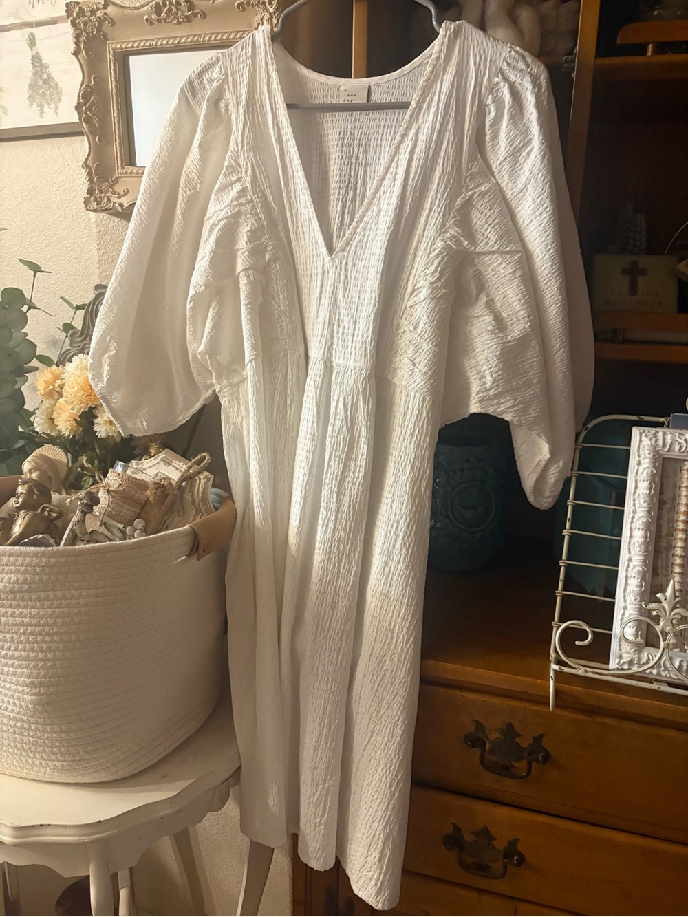 A New Day White Textured Mini Dress with V-Neck and Puff Sleeves